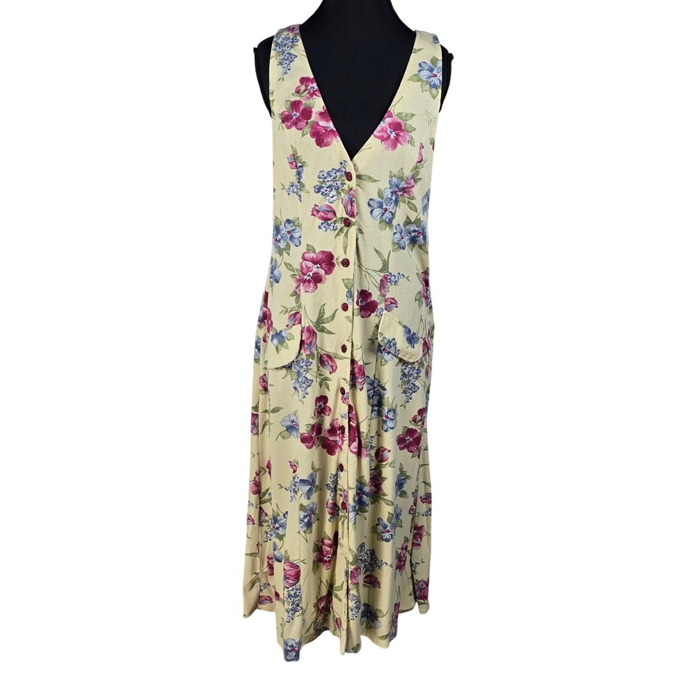 Ashley Taylor Vintage 90s Floral Button Front Jumper‎ Dress Yellow Pink Blue Med